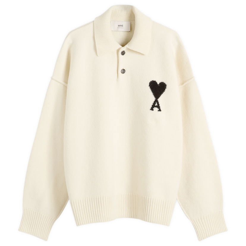 Sveter AMI Merino Wool Knit Polo, Size Large Biela | H25UPL409-018-151H25