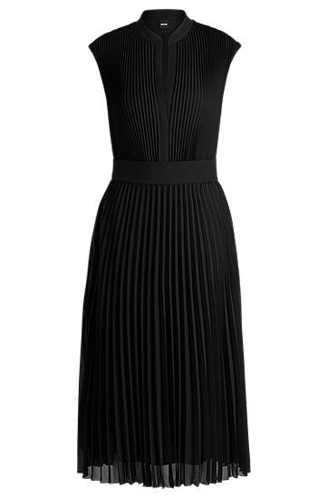 Šaty BOSS Pleated Crepe Midi Dress with Notch Neckline Čierna | 50518390, 0