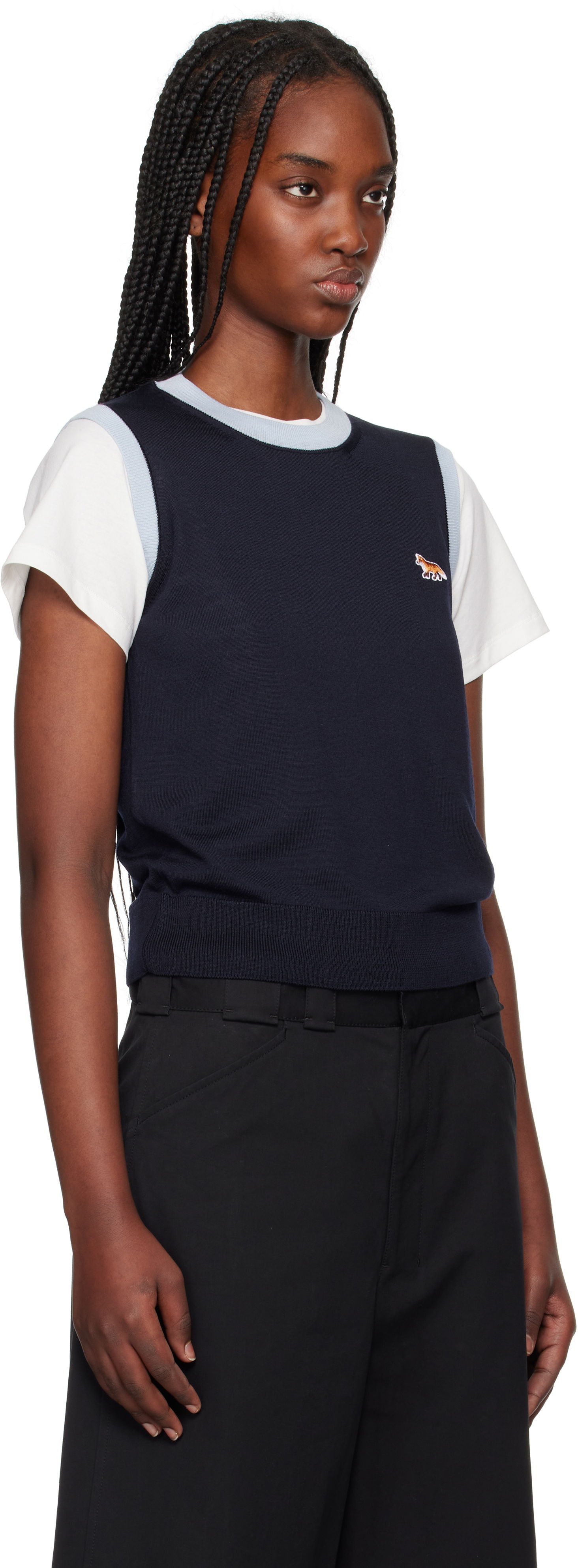 Sveter MAISON KITSUNÉ Maison Kitsuné Bi-Color Knitted Tank Top with Baby Fox Patch Navy | OW00603KT1136, 1