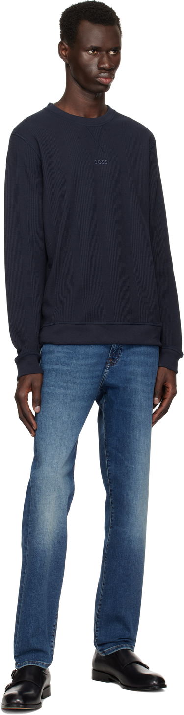 Sveter BOSS BOSS Waffle-Knit Sweatshirt Navy | 50535863, 3
