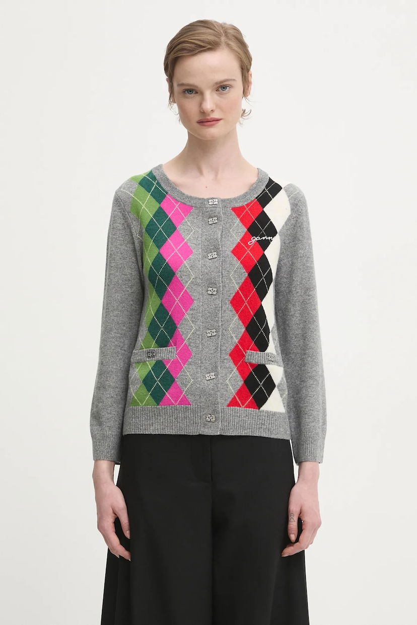 Sveter GANNI Multicolor Argyle Cashmere Wool Mix Round Neck Cardigan Rôznofarebný | K2512