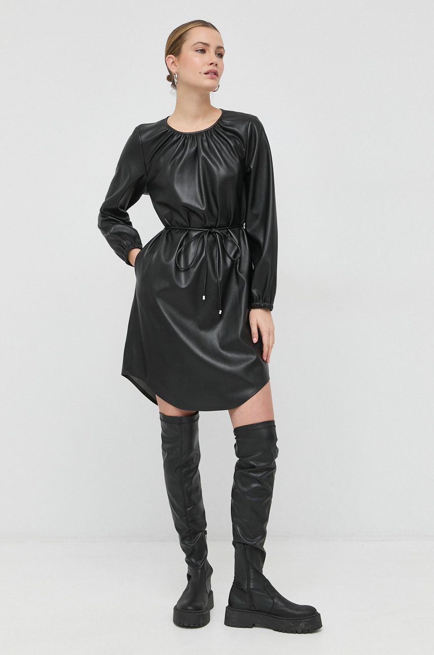 Šaty BOSS Faux-Leather Long-Sleeved Tie Belt Dress Čierna | 50476826, 0
