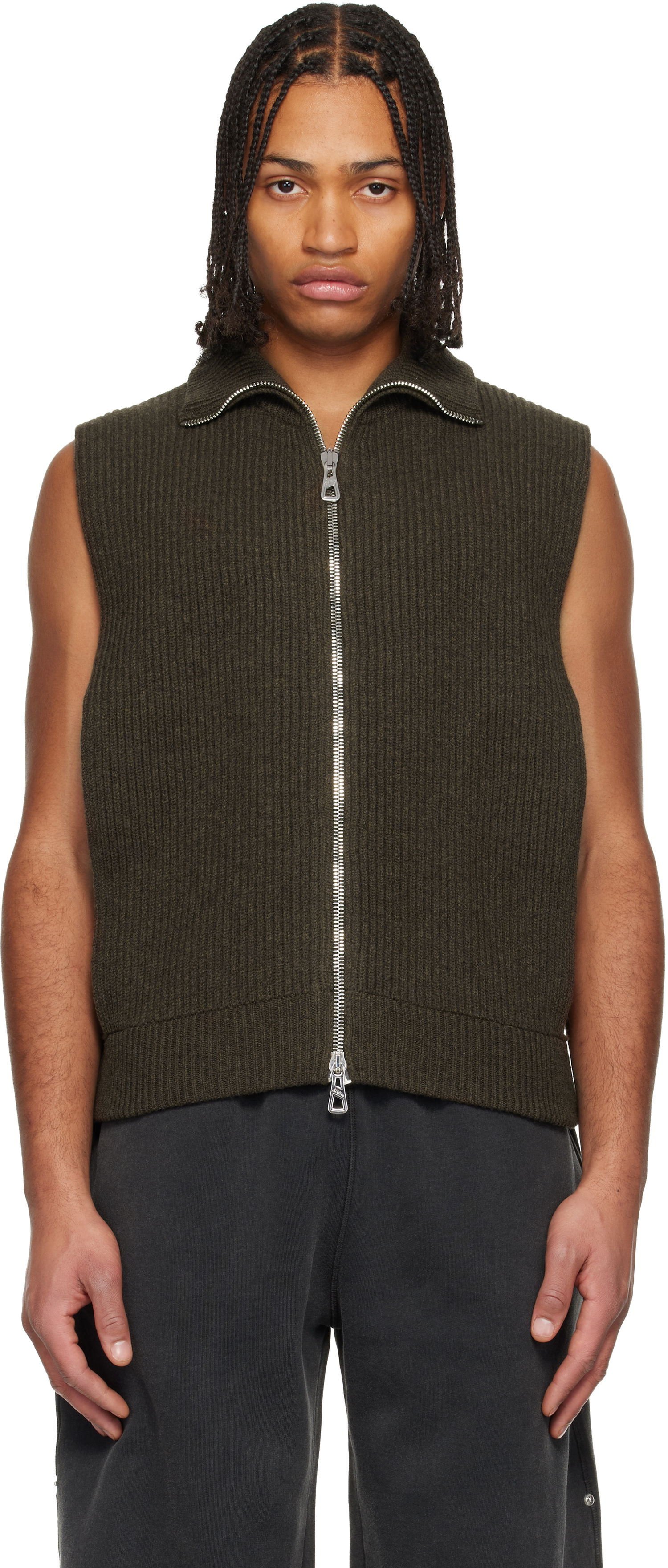 Vesta Jean Paul Gaultier Jean Paul Gaultier Ribbed Knit Collared Full-Zip Sweater Vest Zelené | 25/04-W-PO028-K014-38, 0
