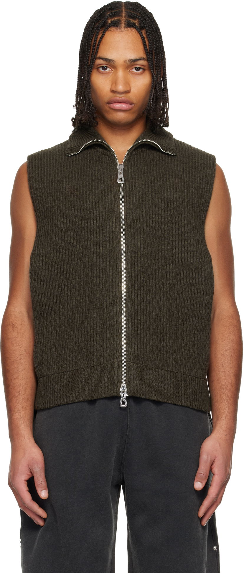 Vesta Jean Paul Gaultier Jean Paul Gaultier Ribbed Knit Collared Full-Zip Sweater Vest Zelené | 25/04-W-PO028-K014-38