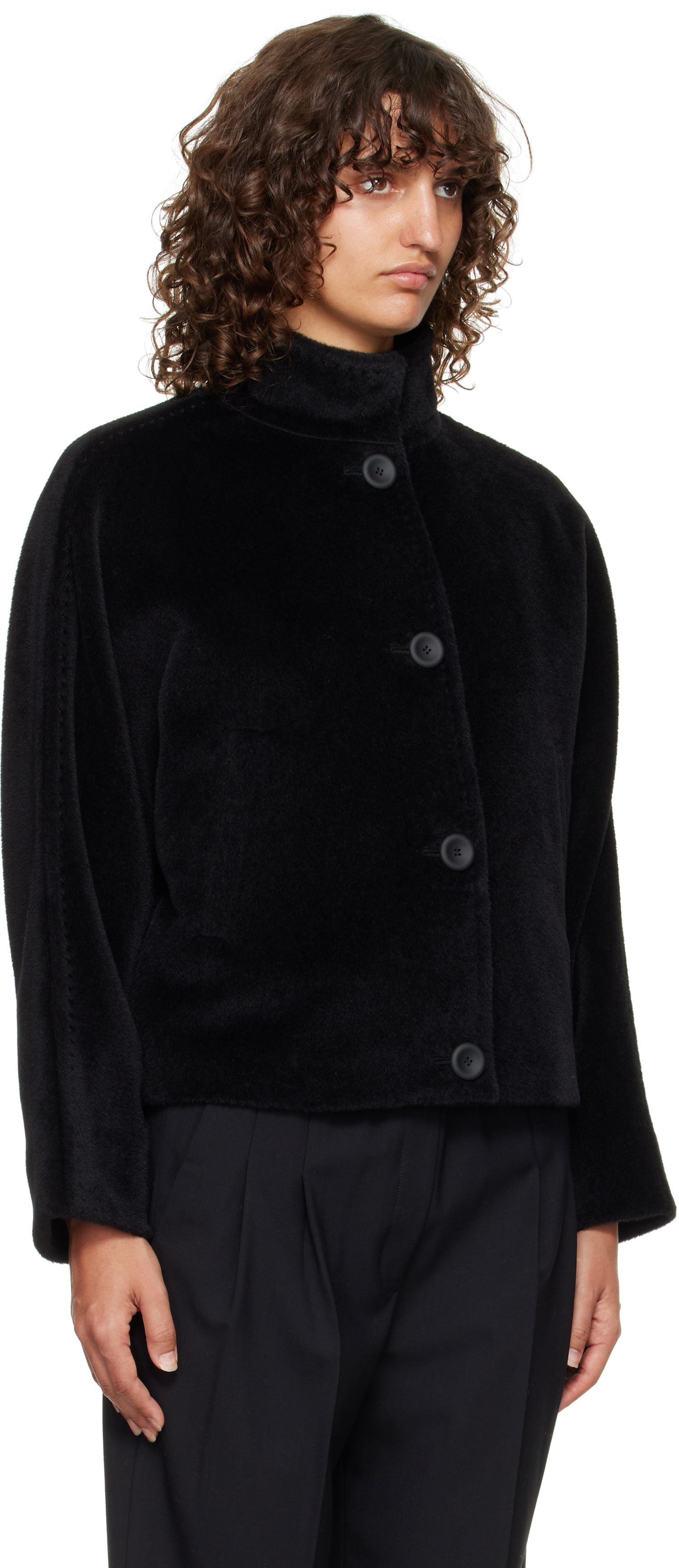 Bunda Max Mara Caladio Cropped Textured High Neck Button-Up Jacket Čierna | 2526086091600, 1