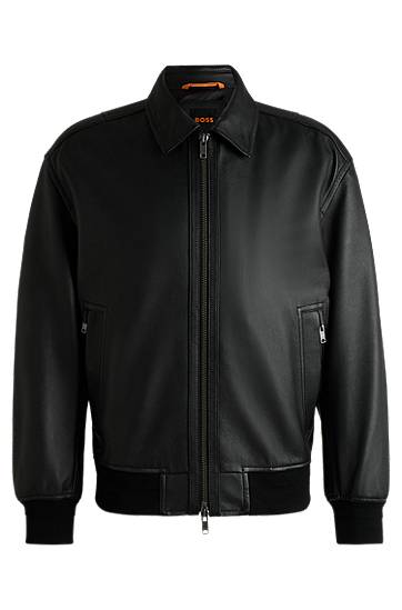 Bomber bunda BOSS BOSS Relaxed-Fit Treated Leather Bomber Jacket Čierna | 50530270, 0
