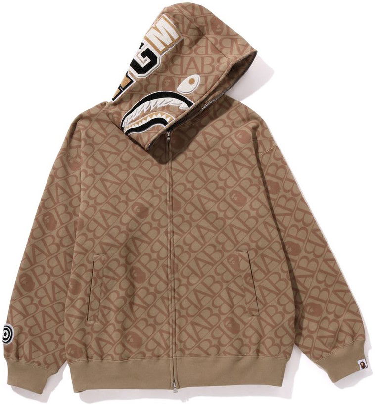 Bape Sport Monogram Shark Full Zip Hoodie Beige