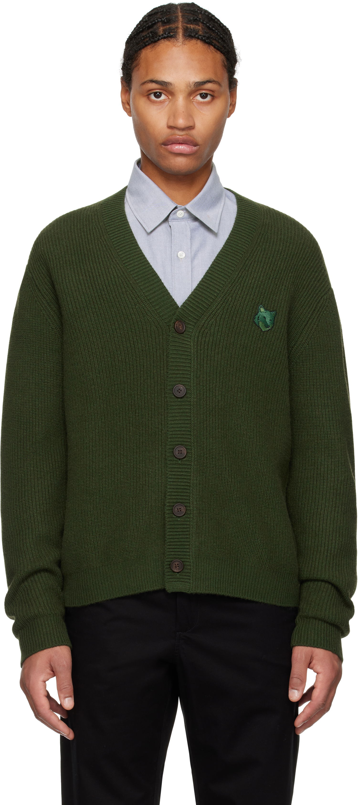 Sveter MAISON KITSUNÉ Ribbed Cardigan With Logo Patch Zelené | NM00501KT1093, 0