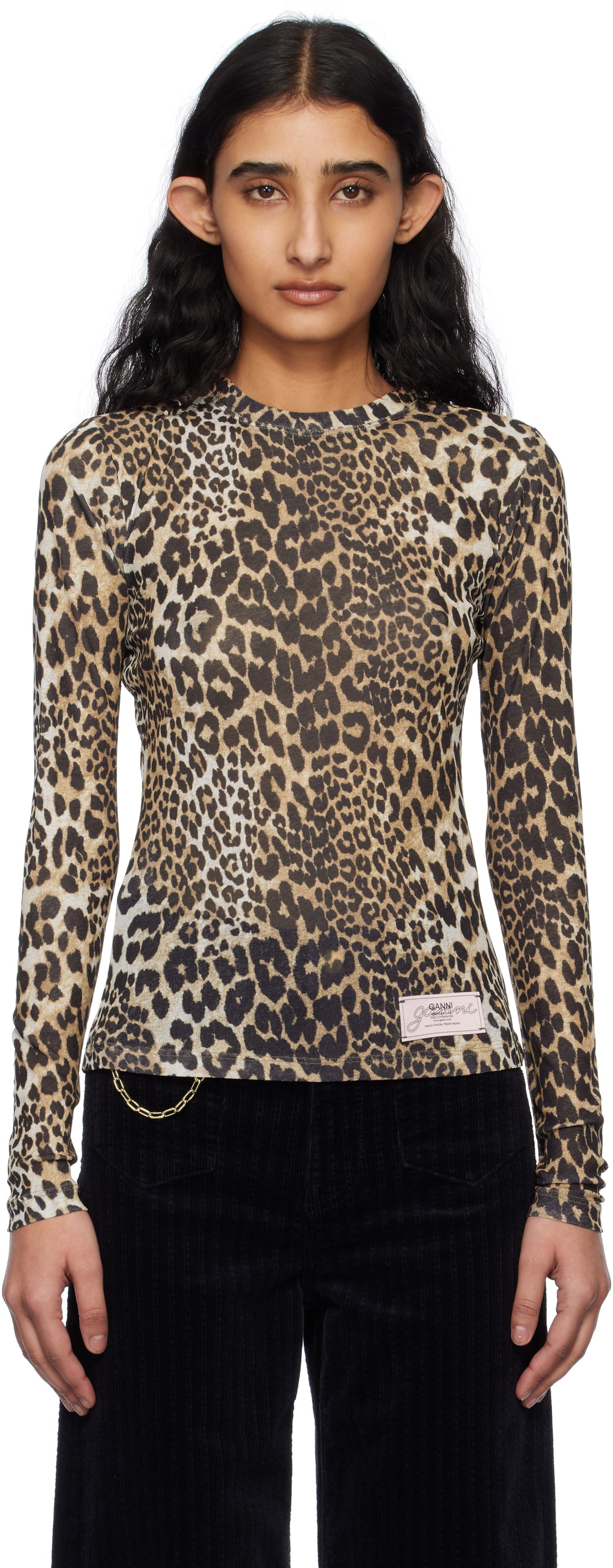 Tričko GANNI GANNI Leopard Print Long Sleeve T-Shirt Béžová | T4208, 0