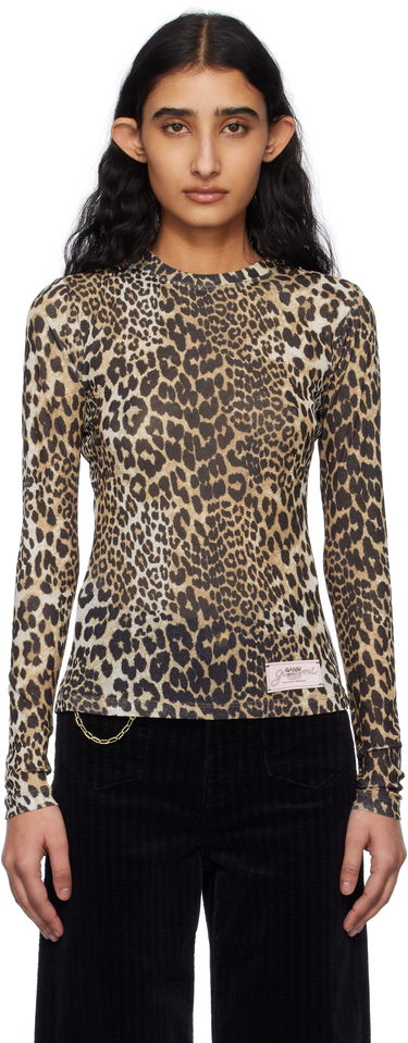 Tričko GANNI GANNI Leopard Print Long Sleeve T-Shirt Béžová | T4208, 0