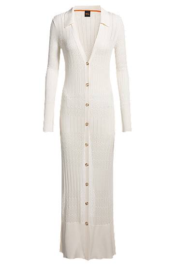 Sveter BOSS Long Knit Cardigan with Collar Biela | 50535494, 0