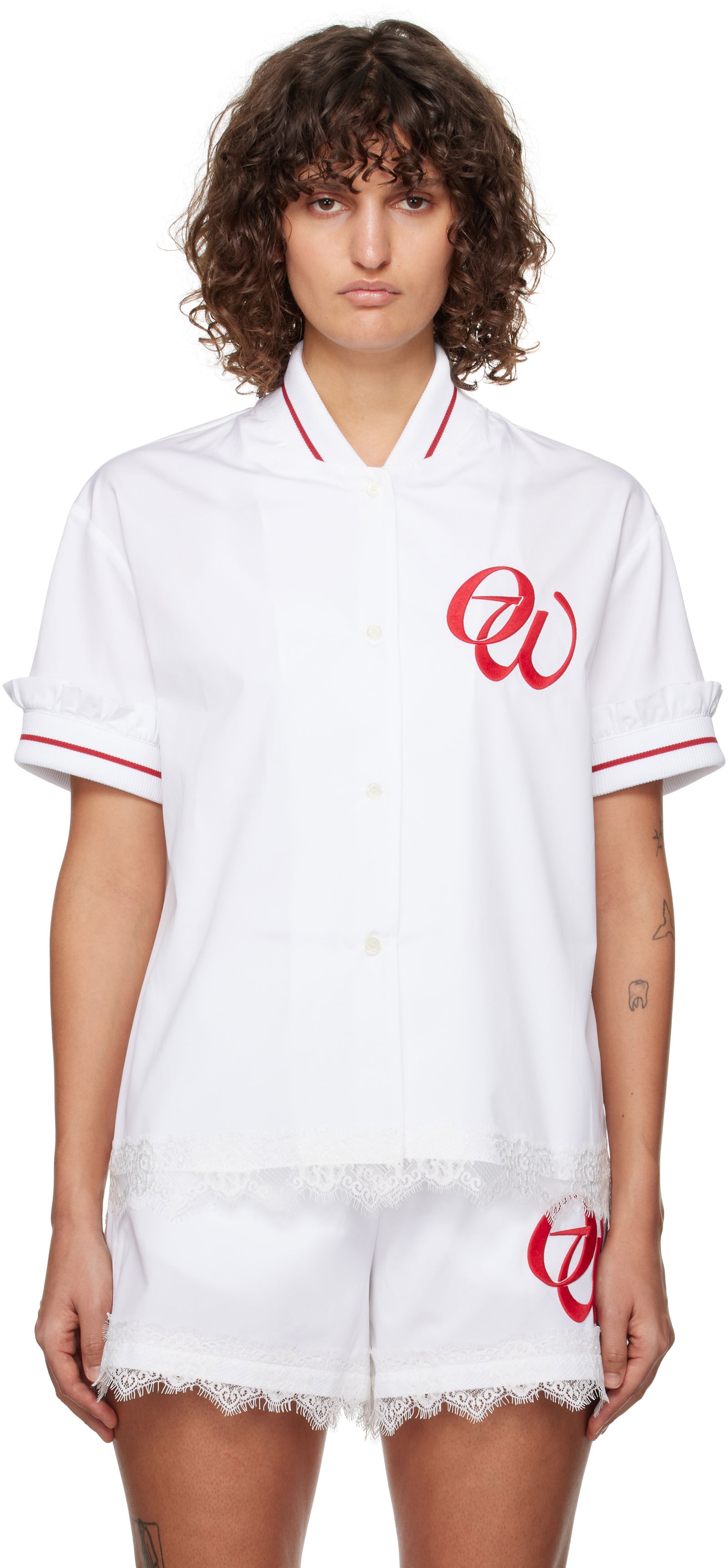 Poplin Baseball Shirt With Lace Trim