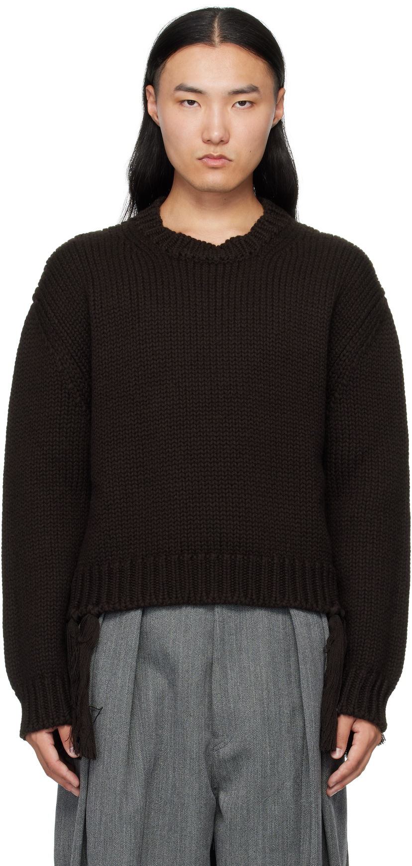 Sveter HED MAYNER Hed Mayner Knit Crewneck Sweater with Tassels Hnedá | HMMB75099A-HB619