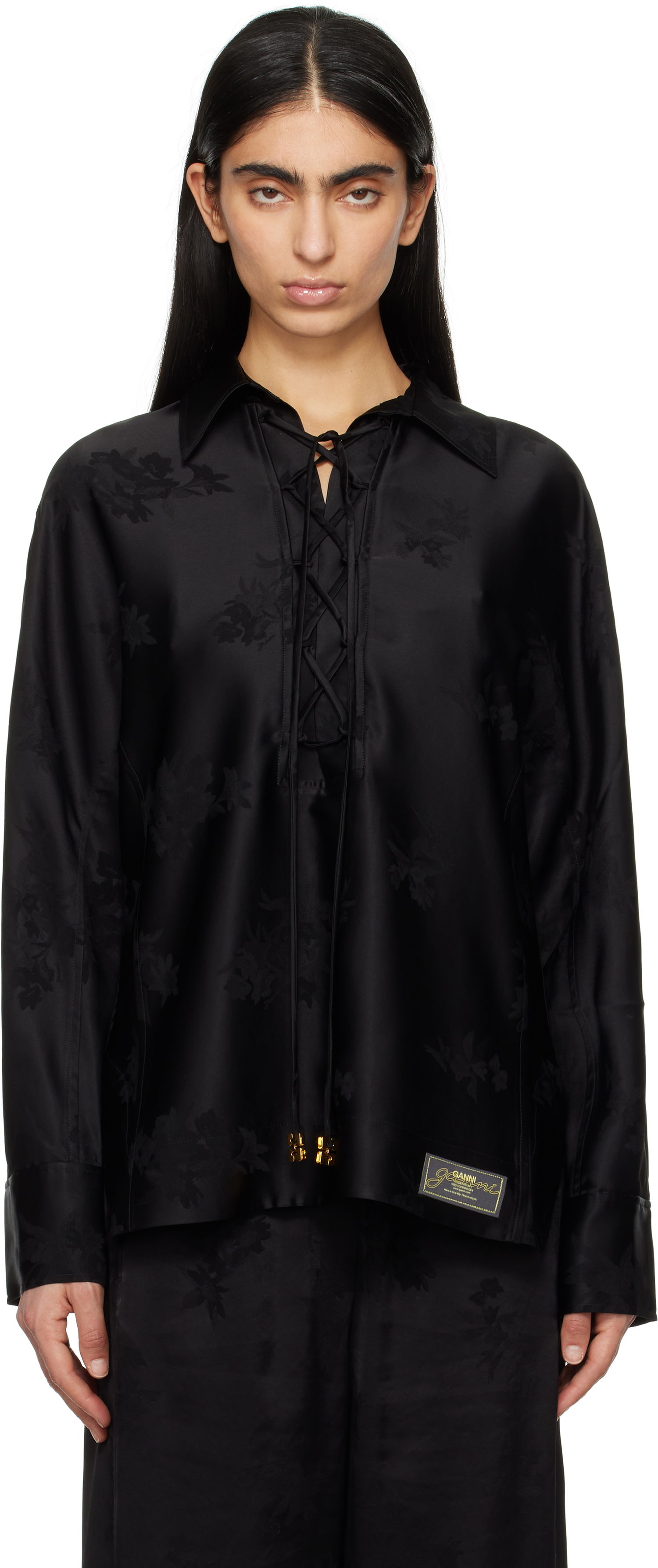 Košeľa GANNI GANNI Satin Jacquard Tie-String Shirt Čierna | W0359, 0