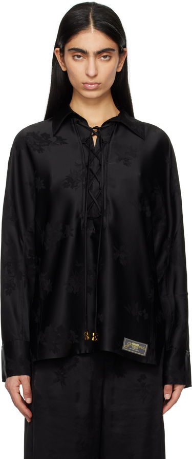 Košeľa GANNI GANNI Satin Jacquard Tie-String Shirt Čierna | W0359, 0
