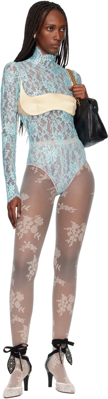 Body Valentino Sheer High-Neck Long-Sleeve Floral Lace Bodysuit Tyrkysová | 7B0MR01Z9TS, 3