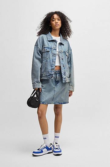 Bunda BOSS HUGO Boxy Fit Logo Print Denim Jacket Modrá | 50534757, 1