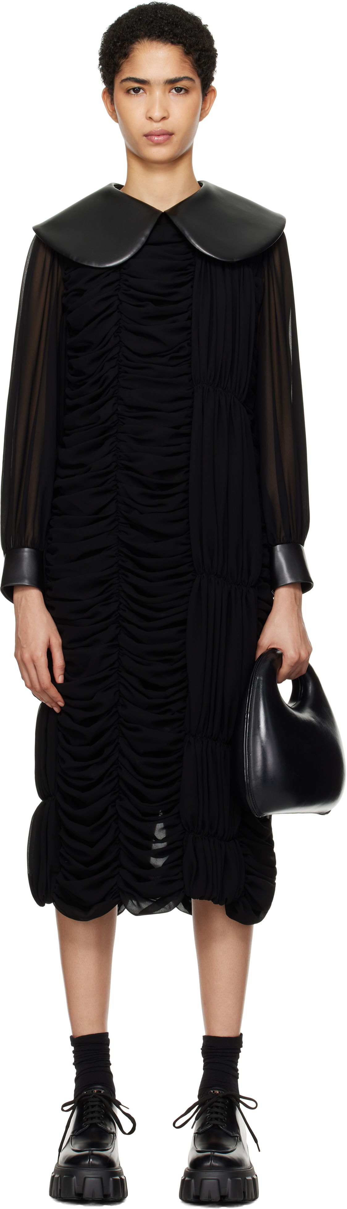 Šaty Comme des Garçons Faux-Leather Collar Georgette Midi Dress Čierna | GN-O008-051, 0