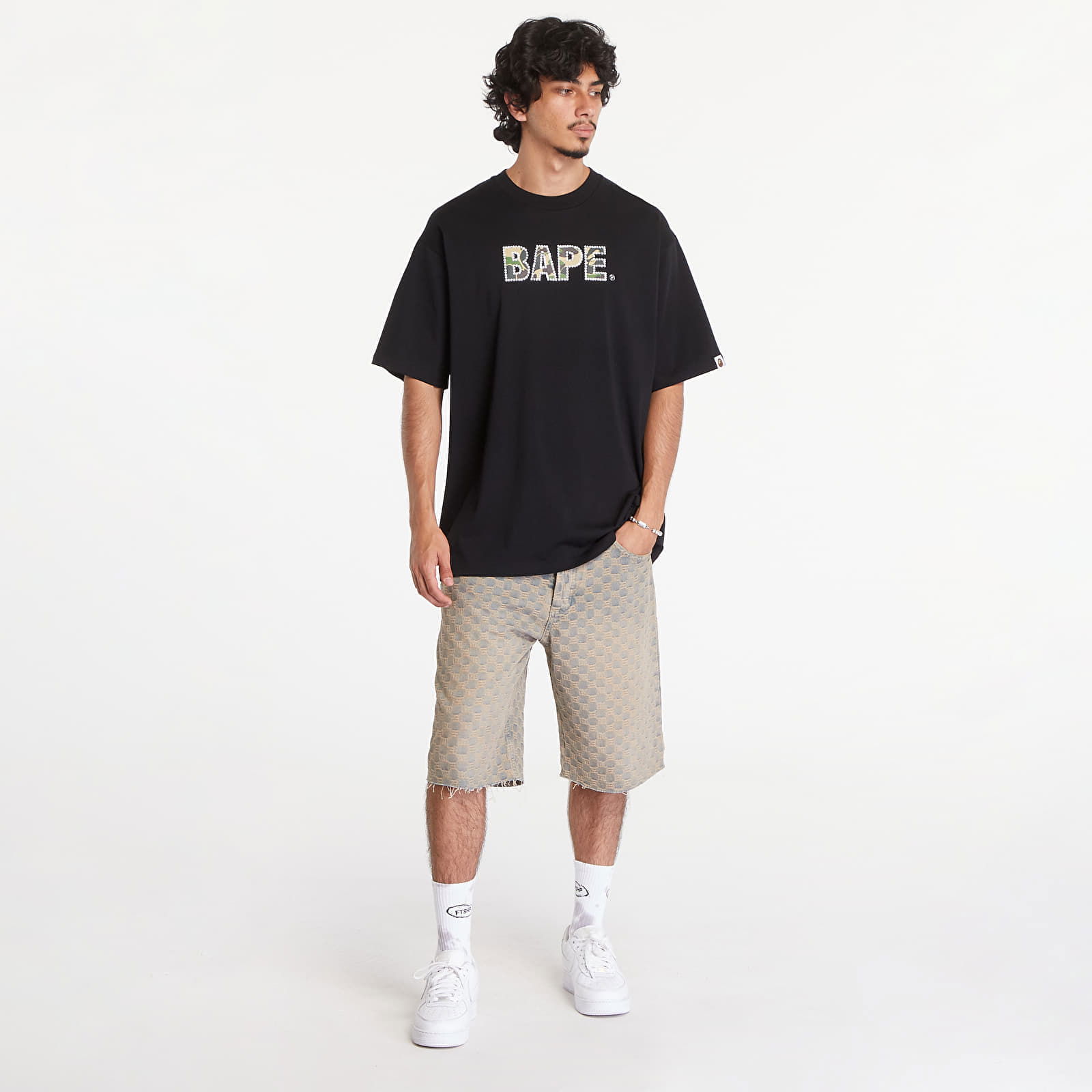 A BATHING APE Rhinestone Logo Relaxed Fit Short Sleeve Tee Black