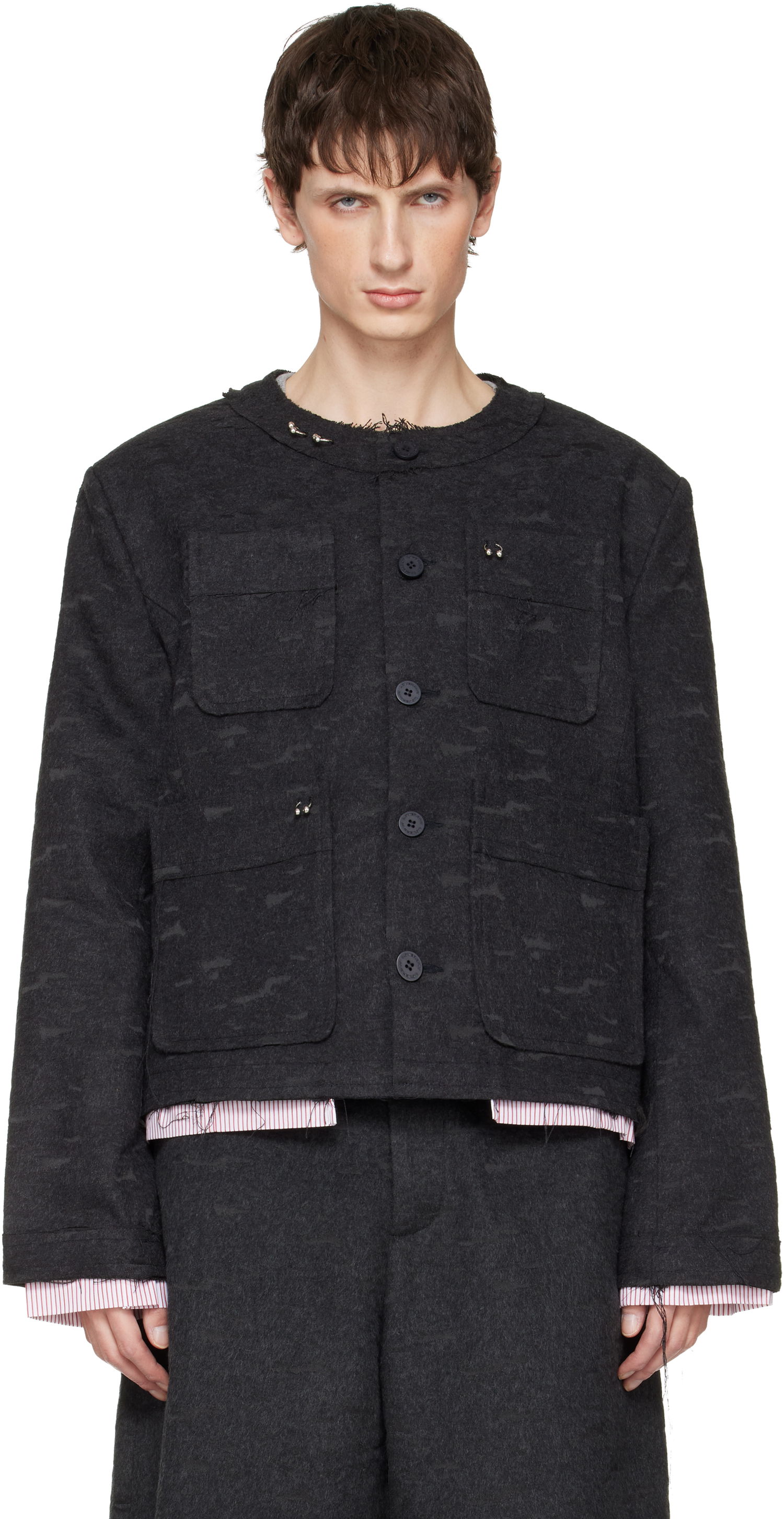 Bunda Charles Jeffrey Loverboy LOVERBOY Piercing Distressed Collarless Jacket Čierna | 052020301, 0