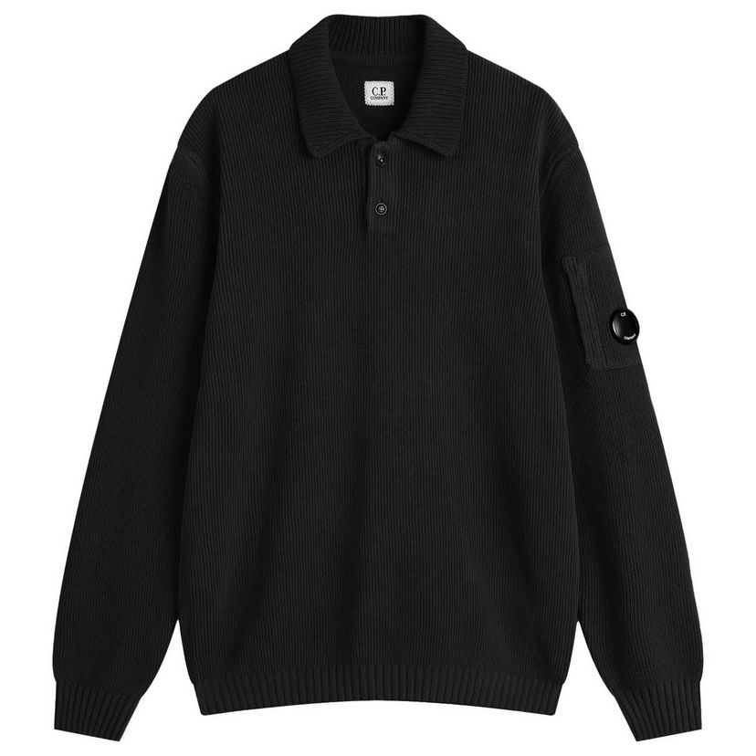 Sveter C.P. Company C.P. Company Chenille Ribbed Knit Polo, Size Large Čierna | 19CMKN021A-005558G-999