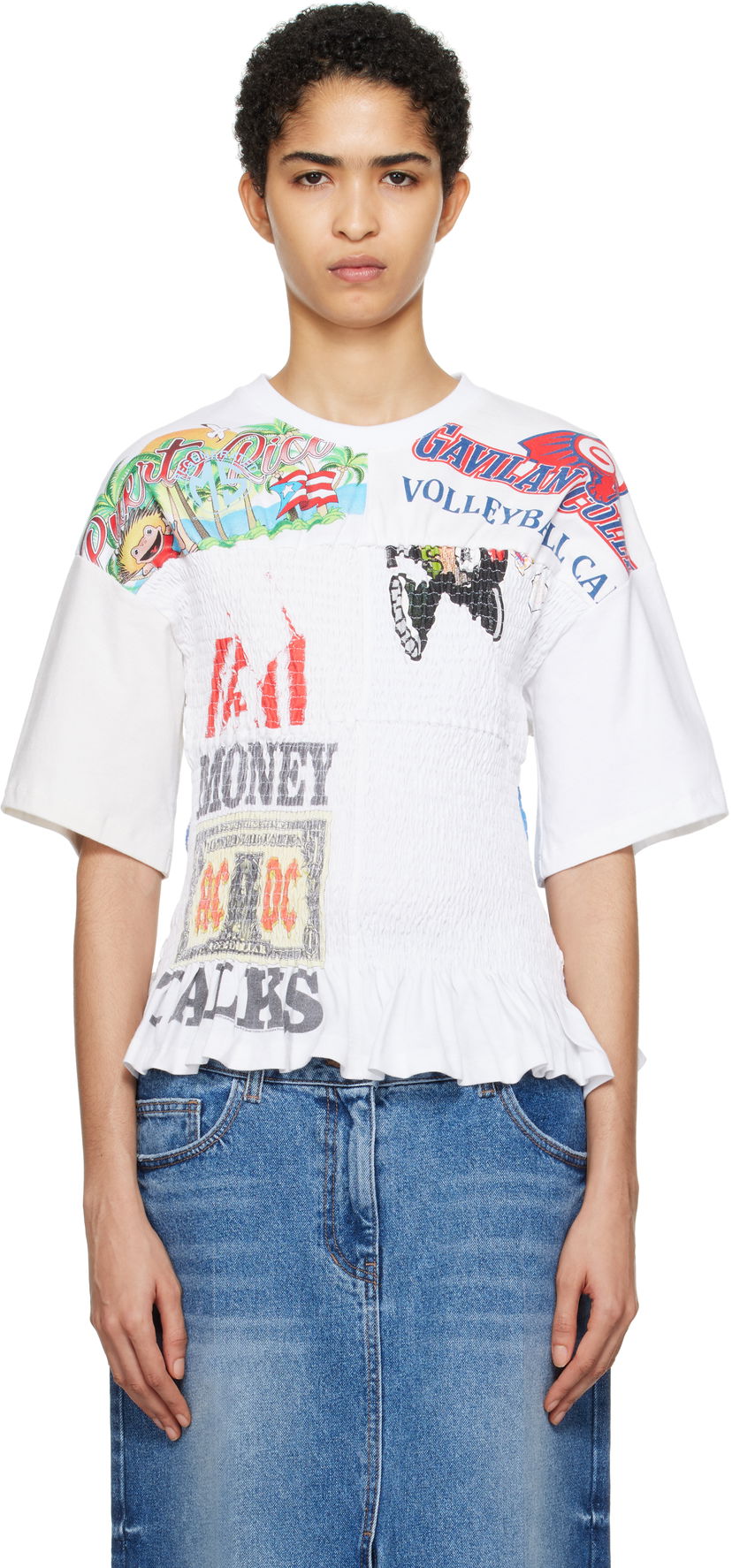 Crop Top Marine Serre Upcycled Shirred Fitted T-Shirt Biela | WTT024A