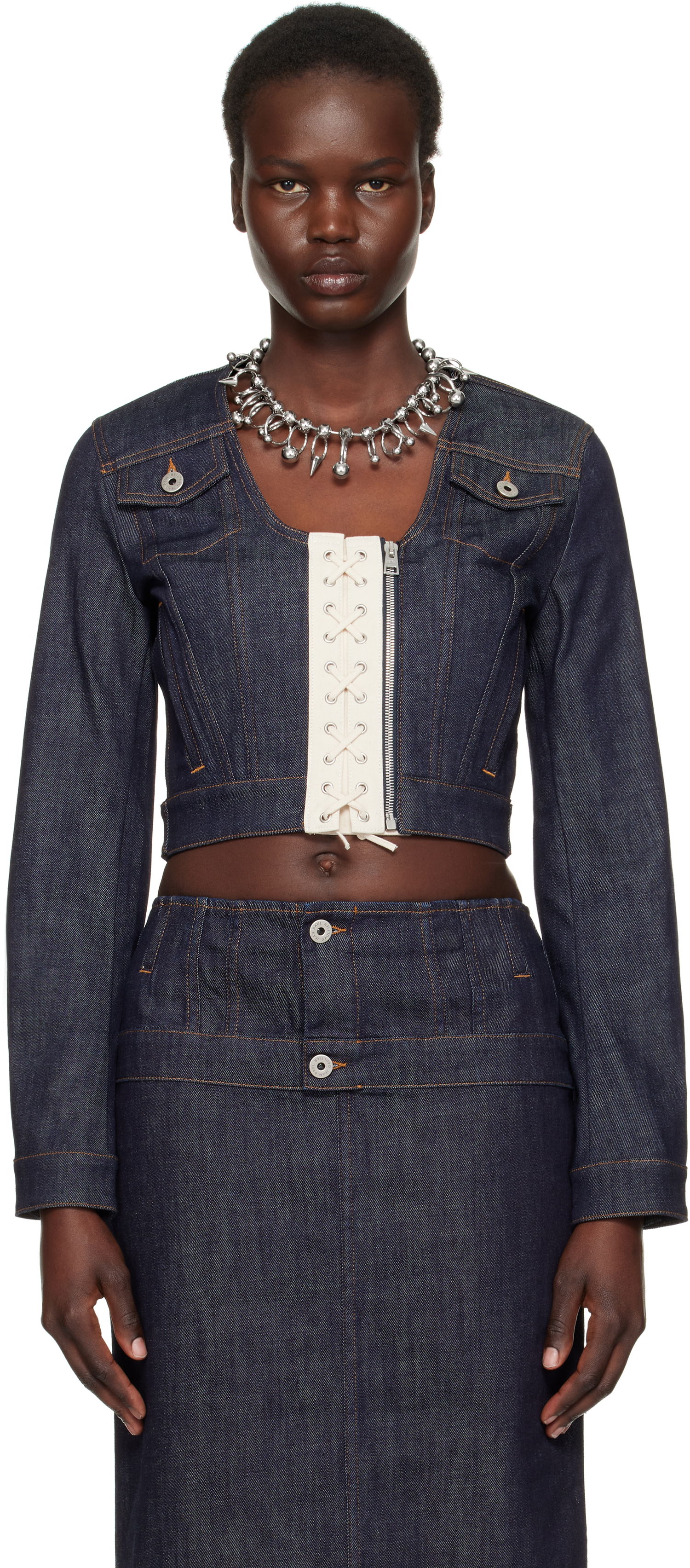 Bunda Jean Paul Gaultier Jean Paul Gaultier 'The Contrasting Lace-Up' Cropped Denim Jacket Modrá | 25/33-F-VE085-D019-5568, 0