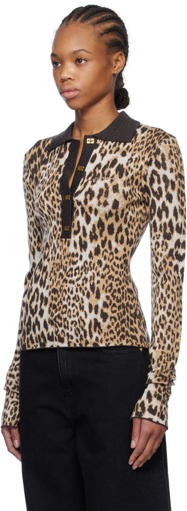 Polo tričko GANNI GANNI Leopard Knit Polo Hnedá | K2341, 3