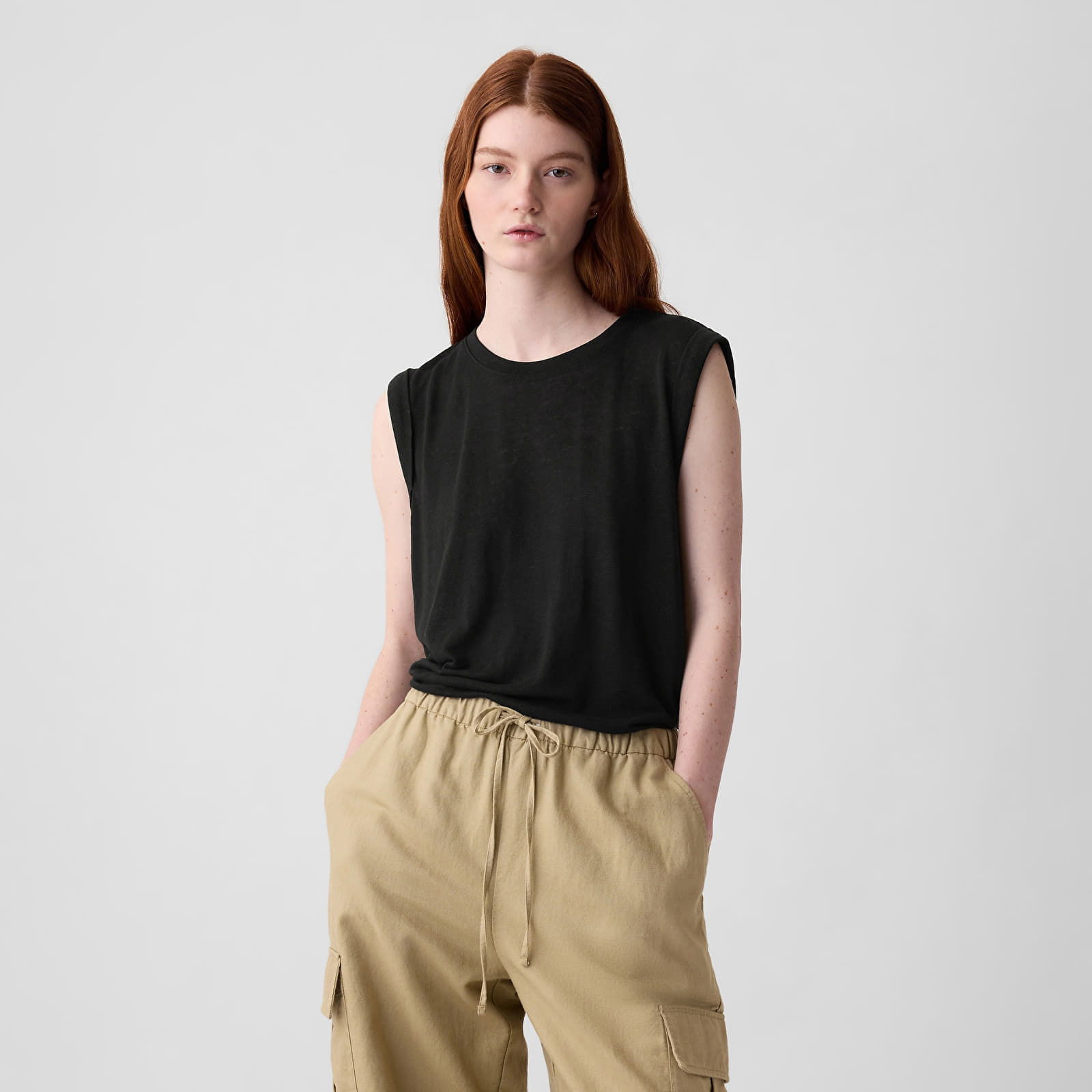 Top Sleeveless Linen Blend Shell Top Black