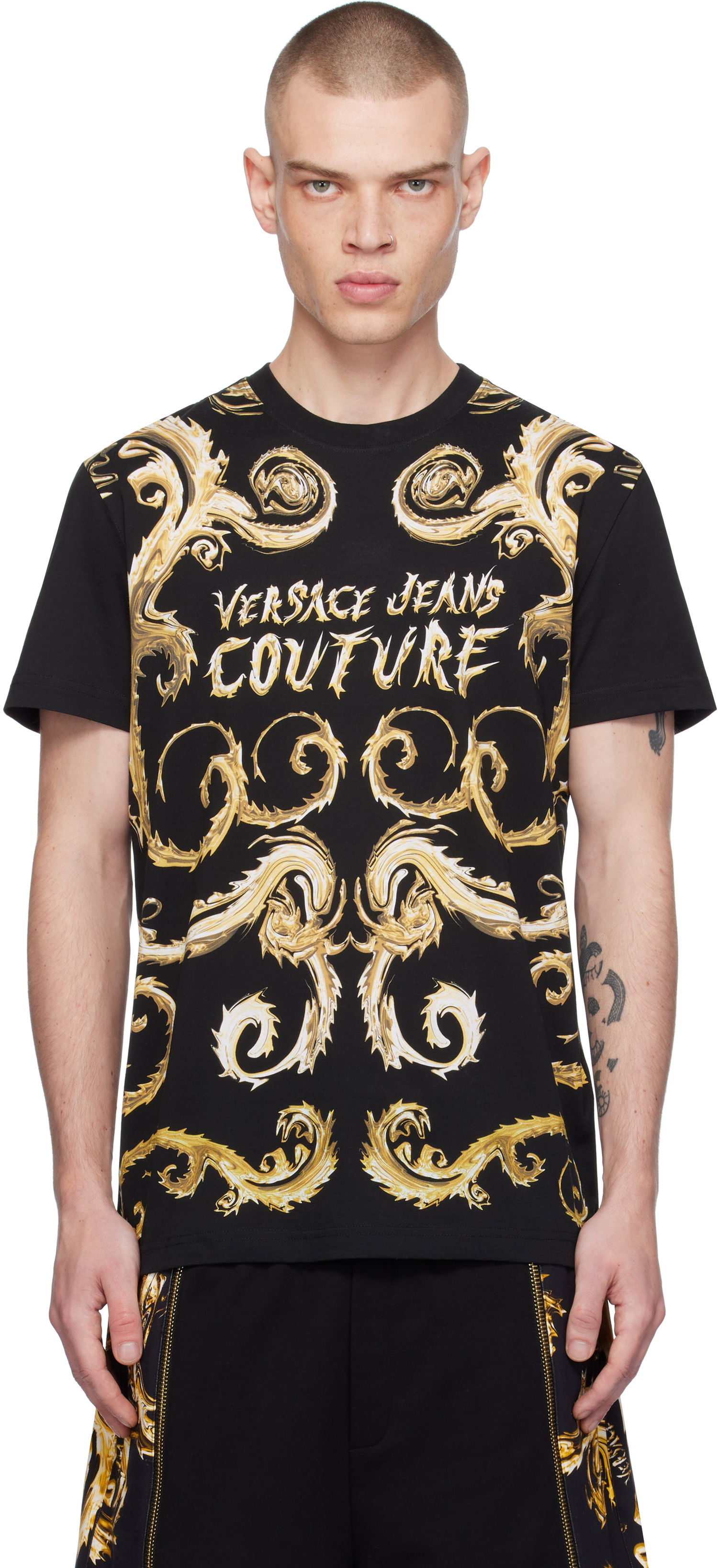 Tričko Versace Slim-Fit T-Shirt with Golden Print Čierna | E77GAH6SC_EJS379, 0