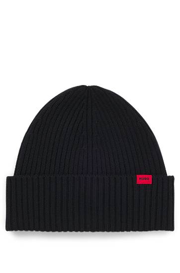 Kulicha BOSS Virgin-Wool Ribbed Beanie with Logo Label Čierna | 50524570
