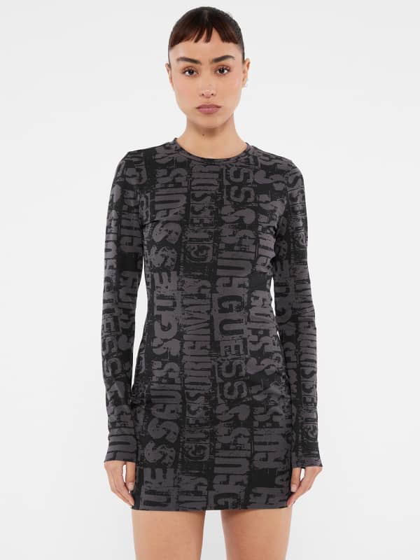 Šaty GUESS Printed Long Sleeve Mini Dress Čierna | W5RK78K1D80, 0