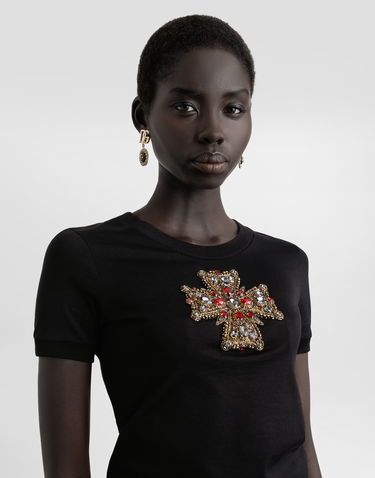 Tričko Dolce & Gabbana Dolce & Gabbana Cotton T-Shirt with Swarovski Embellished Cross Čierna | F8N08ZGDC7GN0000, 3