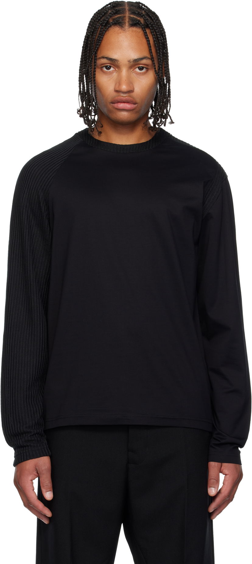Tričko HELIOT EMIL Obscura Long Sleeve T-Shirt with Ribbed Details Čierna | AW25_M_09_152_BLK01