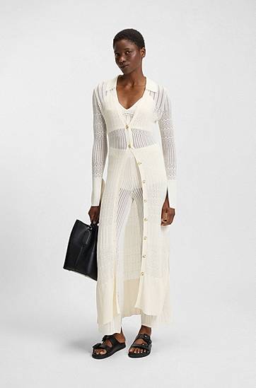 Sveter BOSS Long Knit Cardigan with Collar Biela | 50535494, 1