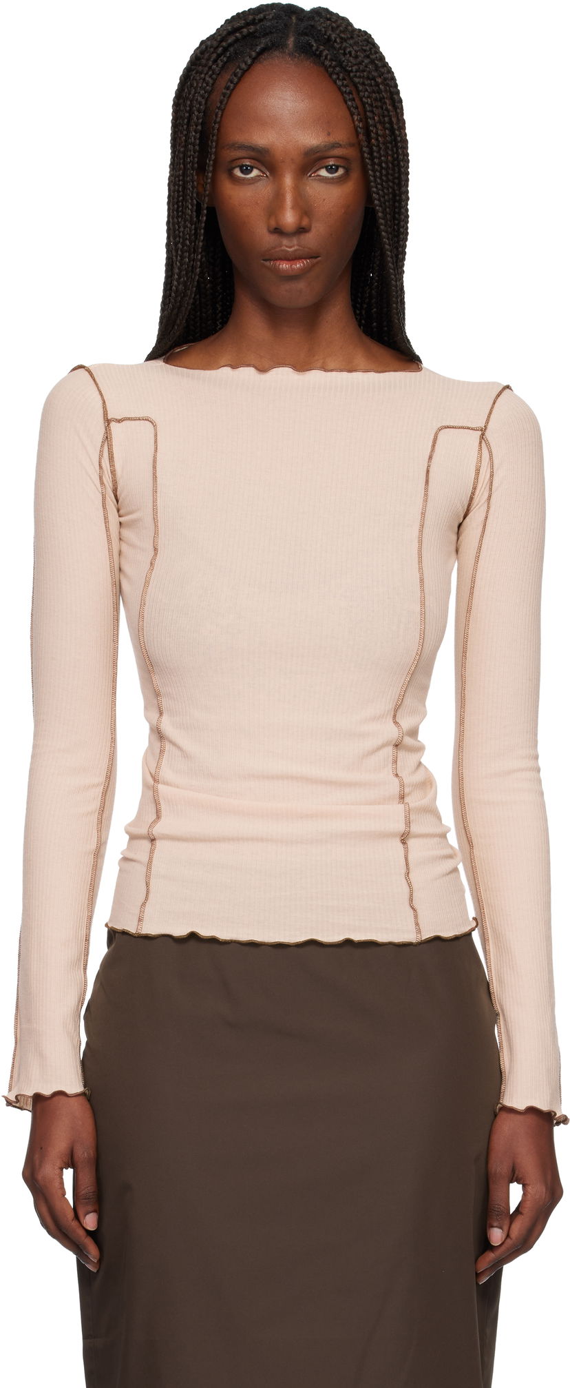 Tričko Baserange Omato Ribbed Exposed Seam Long Sleeve Top Béžová | TTOML-CR-WI25