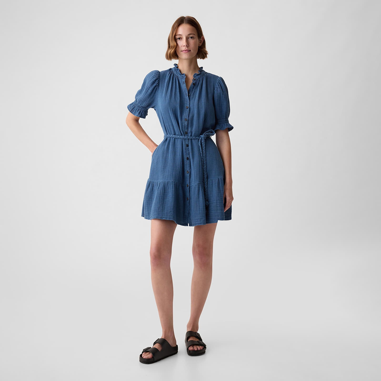 Dresses Shortsleeve Belted Gauze Shirtdress Medium Indigo