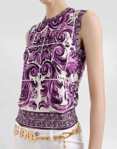 Tielko Dolce & Gabbana Dolce & Gabbana Majolica Print Silk Tank Top Fialová | FXT01TJAHKGH25DQ, 3