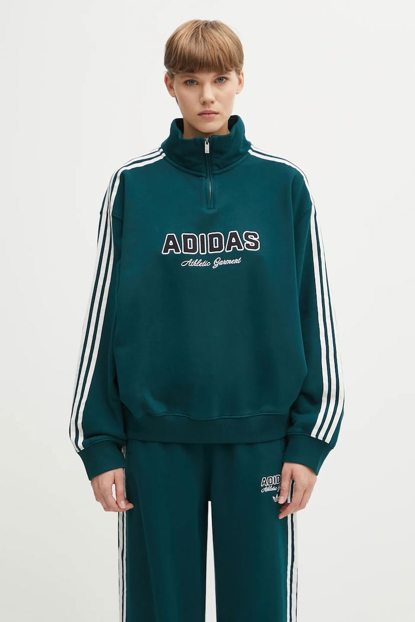 Mikina adidas Originals Originals Quarter Zip Sweatshirt with Three Stripes and Printed Logo Zelené | KF2309