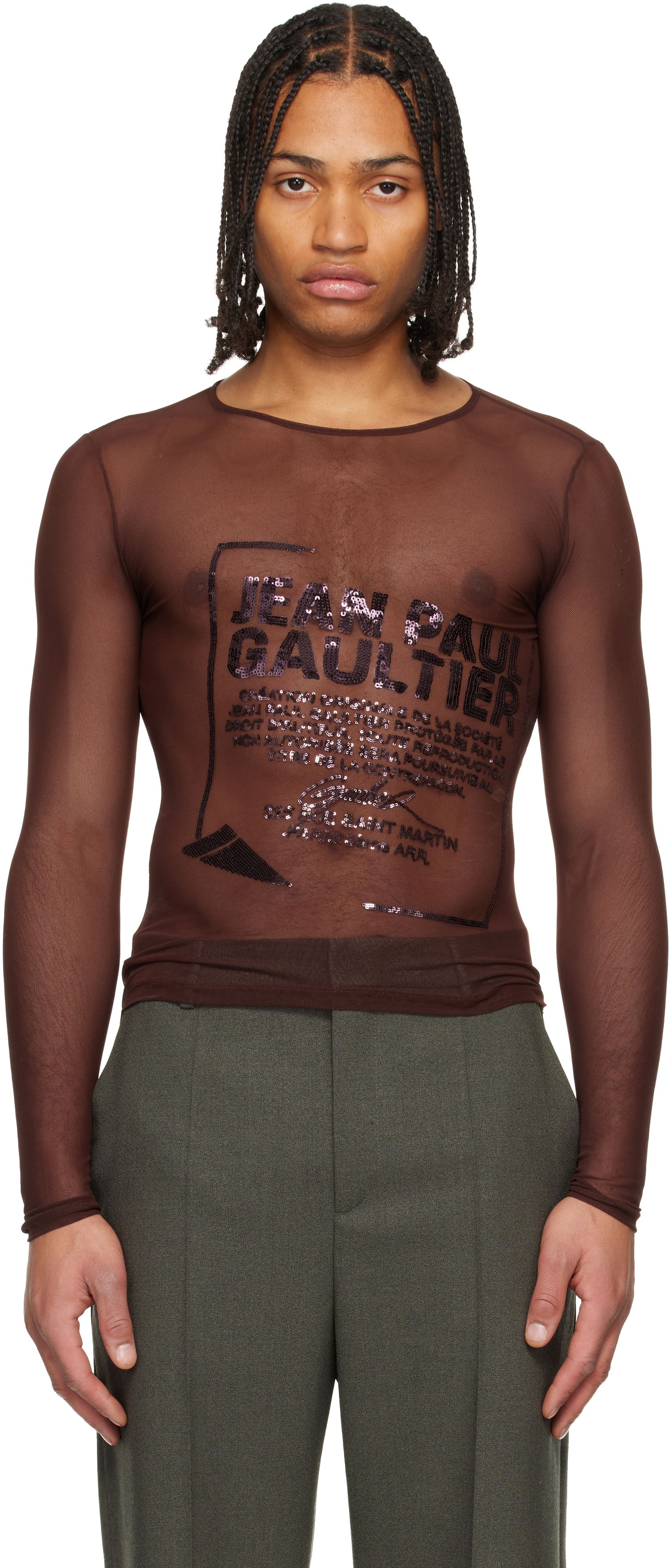 Tričko Jean Paul Gaultier Jean Paul Gaultier 'The Embroidered' Sheer Sequin Mesh Long Sleeve Top Hnedá | 25/04-W-TO381-M001-28, 0