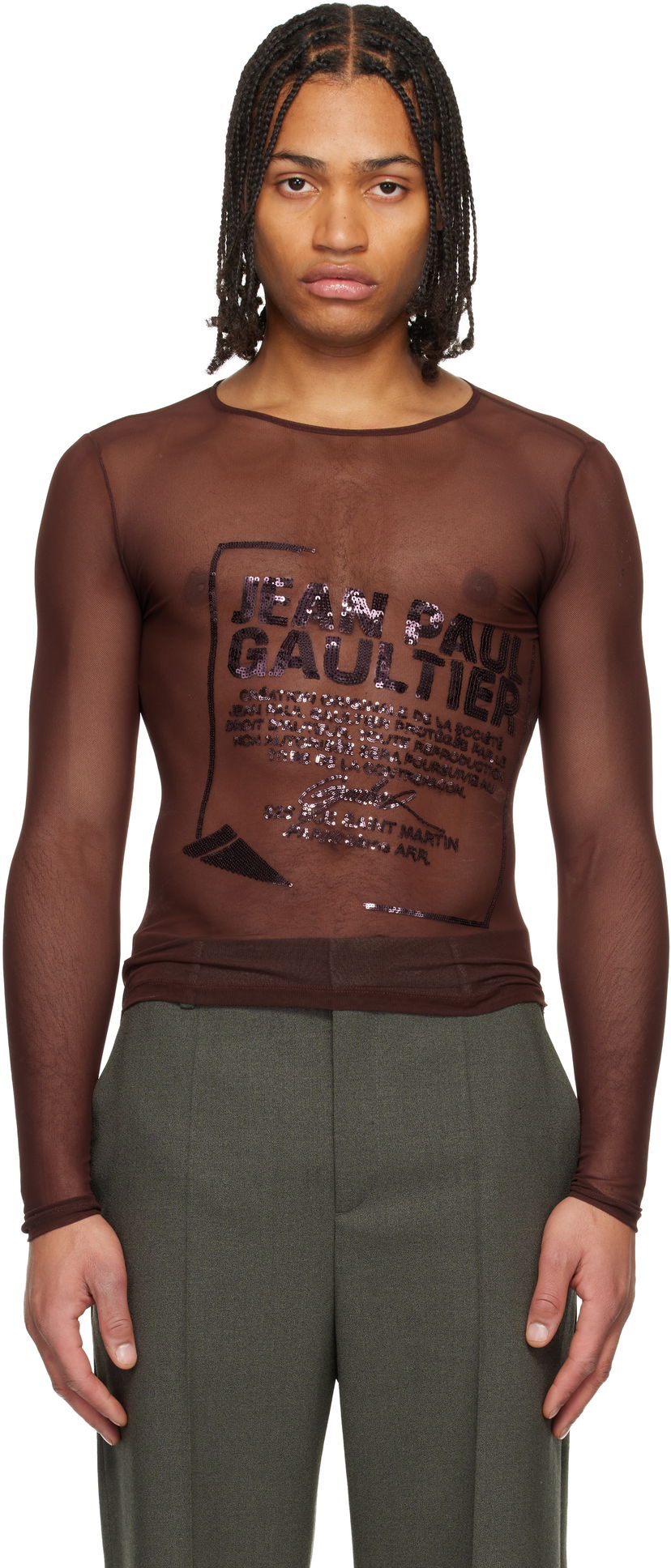Tričko Jean Paul Gaultier Jean Paul Gaultier 'The Embroidered' Sheer Sequin Mesh Long Sleeve Top Hnedá | 25/04-W-TO381-M001-28