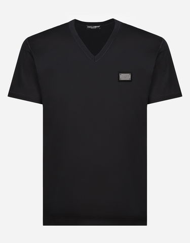 Tričko Dolce & Gabbana Cotton V-neck T-shirt With Branded Tag Čierna | G8PT2TG7F2IB0665, 0