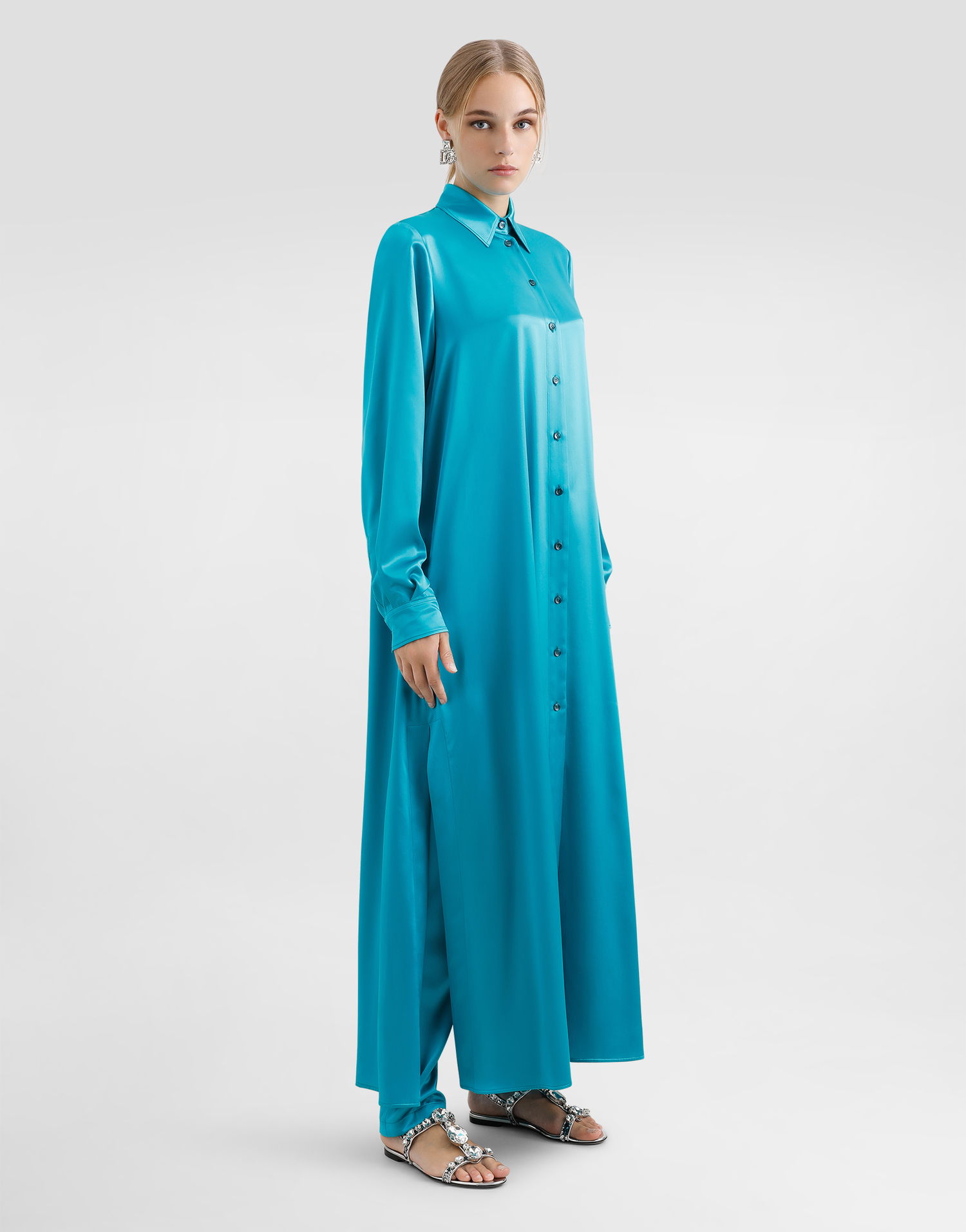 Nohavice Dolce & Gabbana Dolce & Gabbana Silk Satin Elasticated Waistband Pants Tyrkysová | FTC11TFU1UUV0055, 1