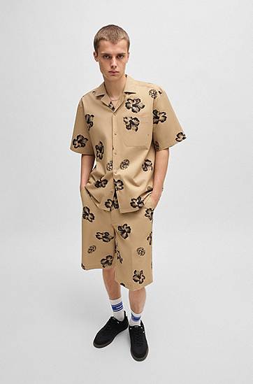 Košeľa BOSS HUGO Relaxed-Fit Hibiscus-Print Stretch Cotton Shirt Béžová | 50539135, 1