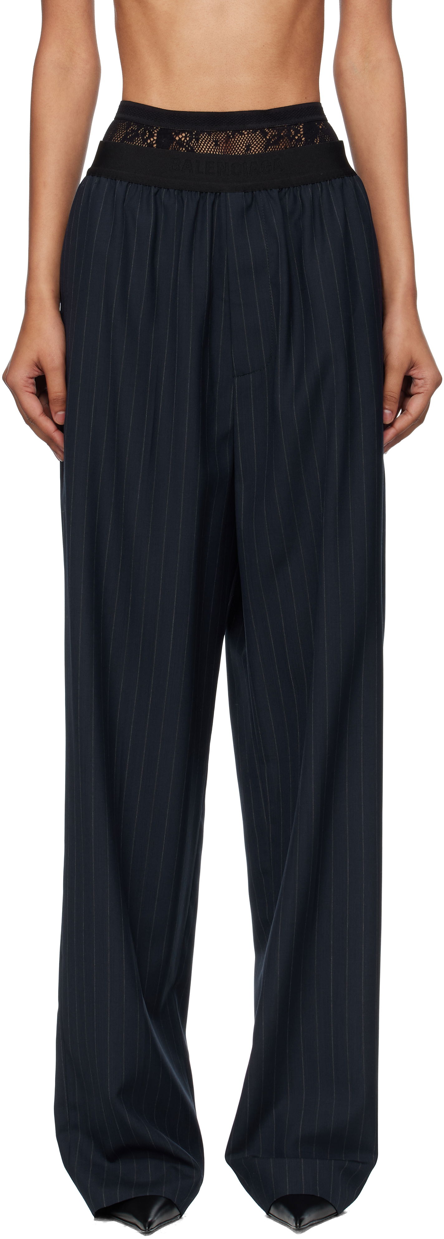 Nohavice Balenciaga Balenciaga Pinstripe Elastic Trousers Navy | 790887TST24, 0