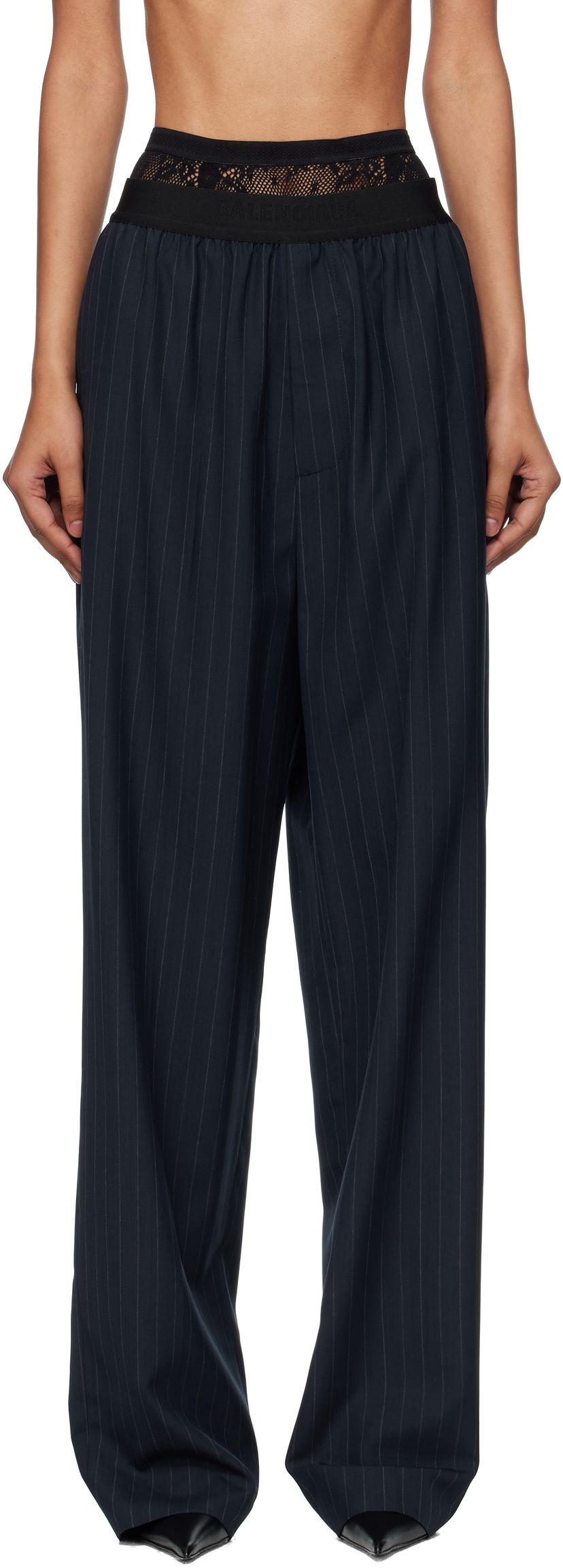 Nohavice Balenciaga Balenciaga Pinstripe Elastic Trousers Navy | 790887TST24