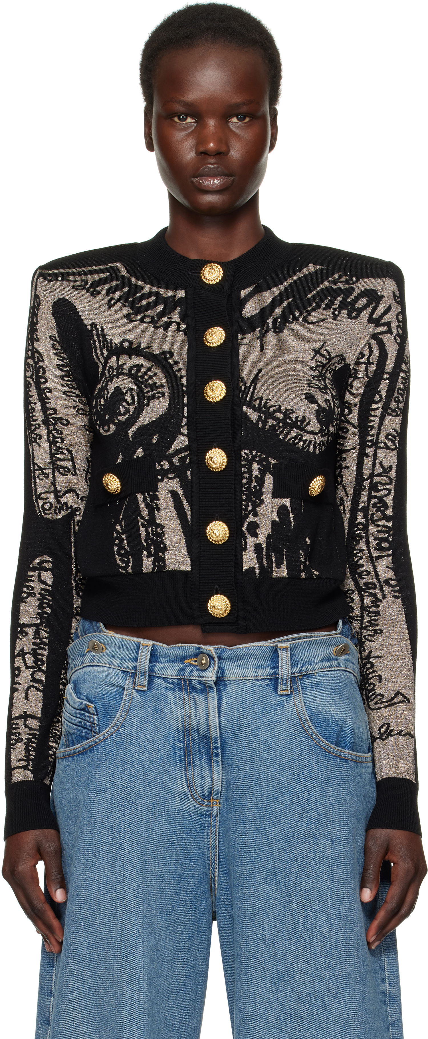 Sveter Balmain Balmain Jacquard Knit Cardigan with Body Motif Čierna | EF1KL133KH93, 0