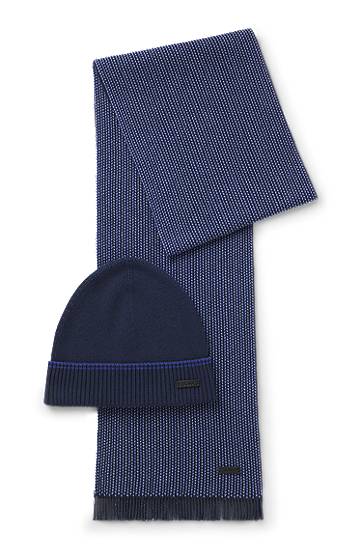 Oblečenie a doplnky BOSS Knitted wool-cotton patterned scarf and ribbed beanie hat gift set Navy | 50548858