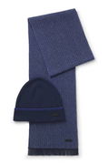 Knitted wool-cotton patterned scarf and ribbed beanie hat gift set