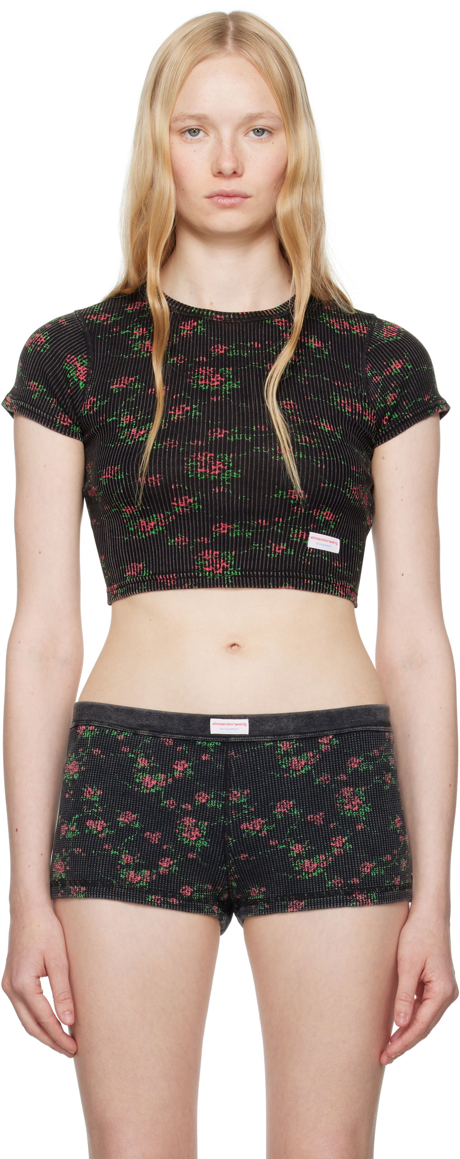 Nohavičky Alexander Wang Alexander Wang Floral-Print Ribbed Baby T-shirt Čierna | 8C2238046P, 0